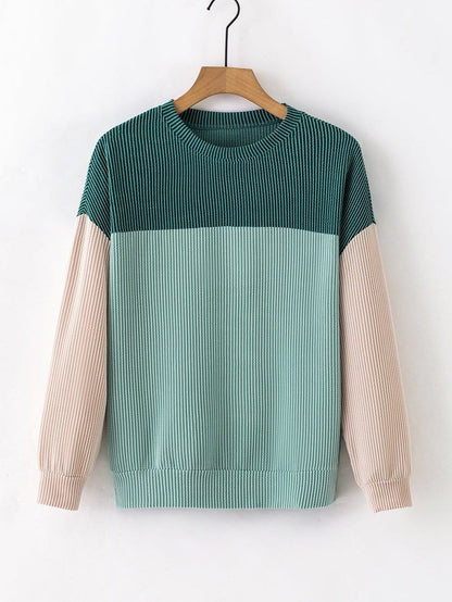 Green Color Block Ribbed Long Sleeve Loose Top with Chic Style