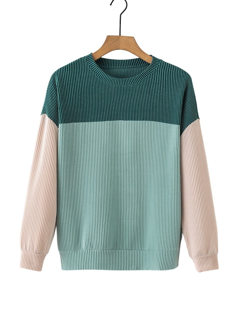 Green Color Block Ribbed Long Sleeve Loose Top with Chic Style