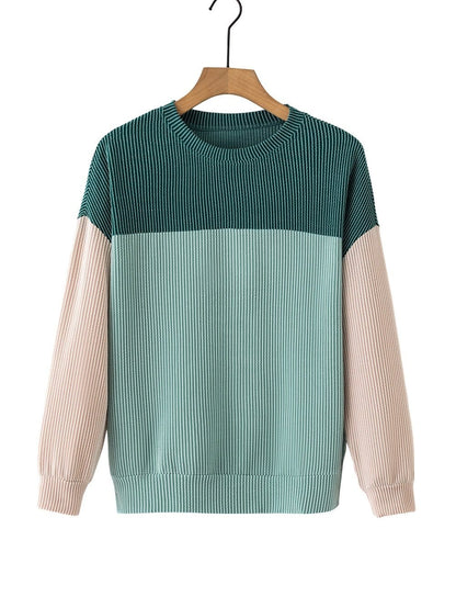 Green Color Block Ribbed Long Sleeve Loose Top with Chic Style