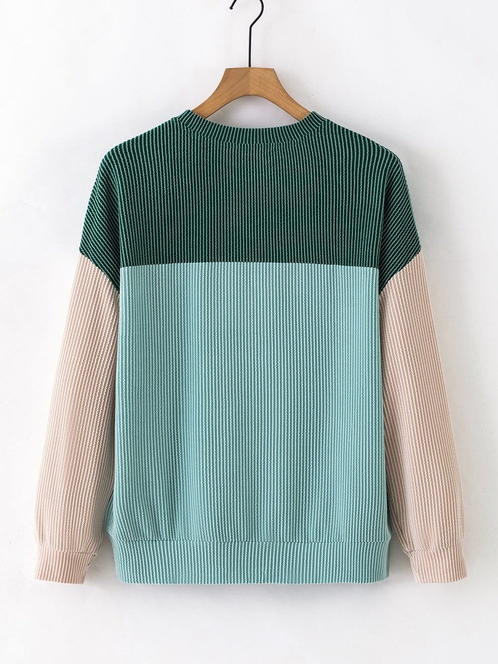 Green Color Block Ribbed Long Sleeve Loose Top with Chic Style