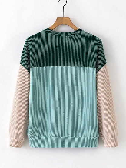 Green Color Block Ribbed Long Sleeve Loose Top with Chic Style