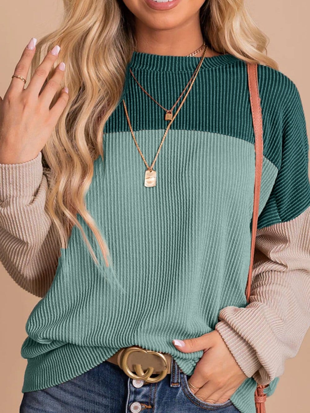 Green Color Block Ribbed Long Sleeve Loose Top with Chic Style