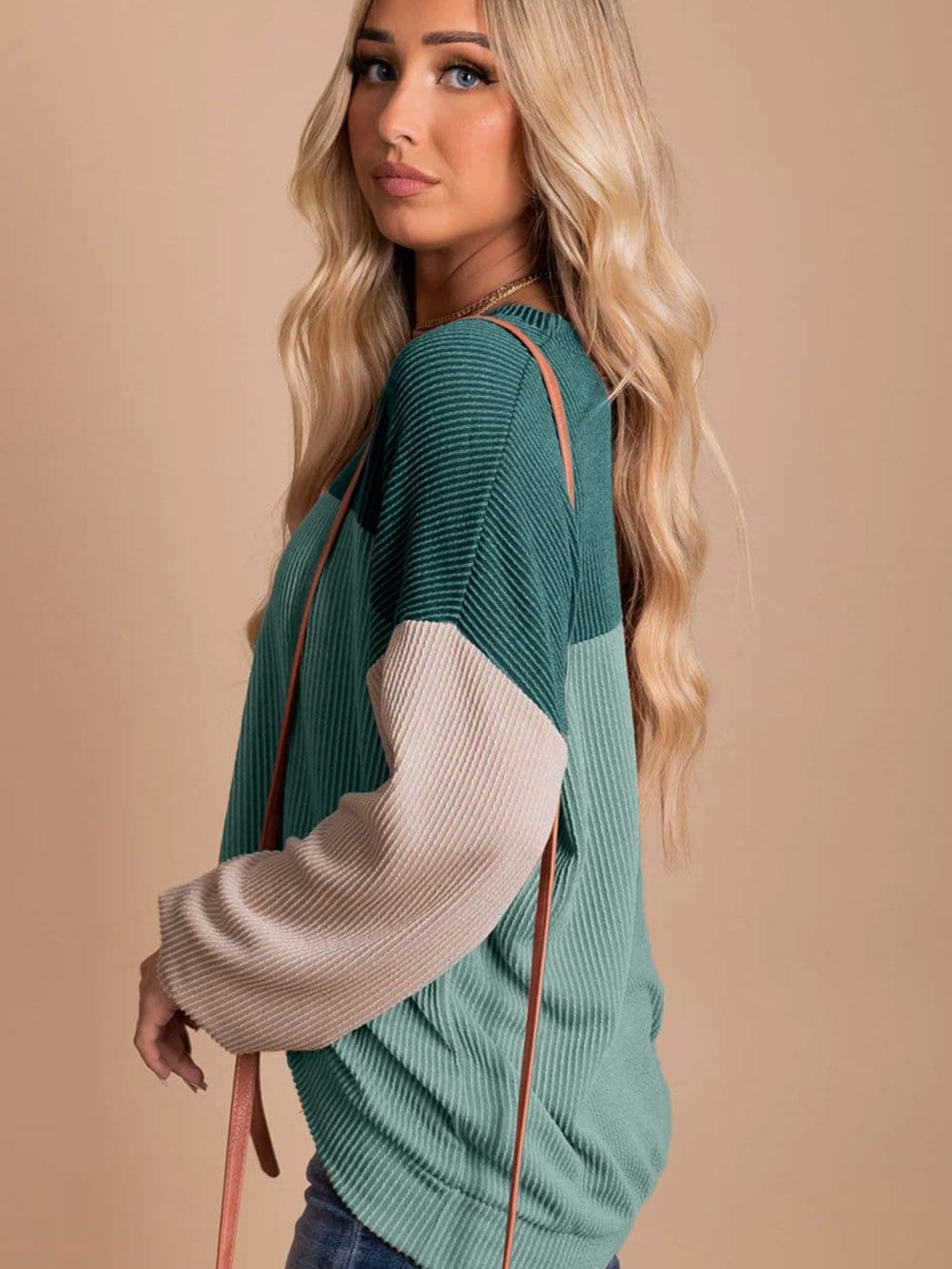 Green Color Block Ribbed Long Sleeve Loose Top with Chic Style