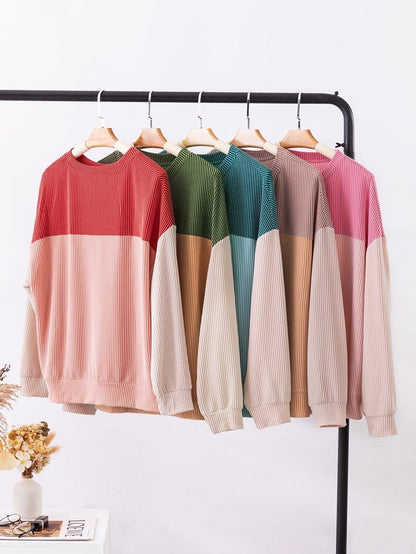 Green Color Block Ribbed Long Sleeve Loose Top with Chic Style