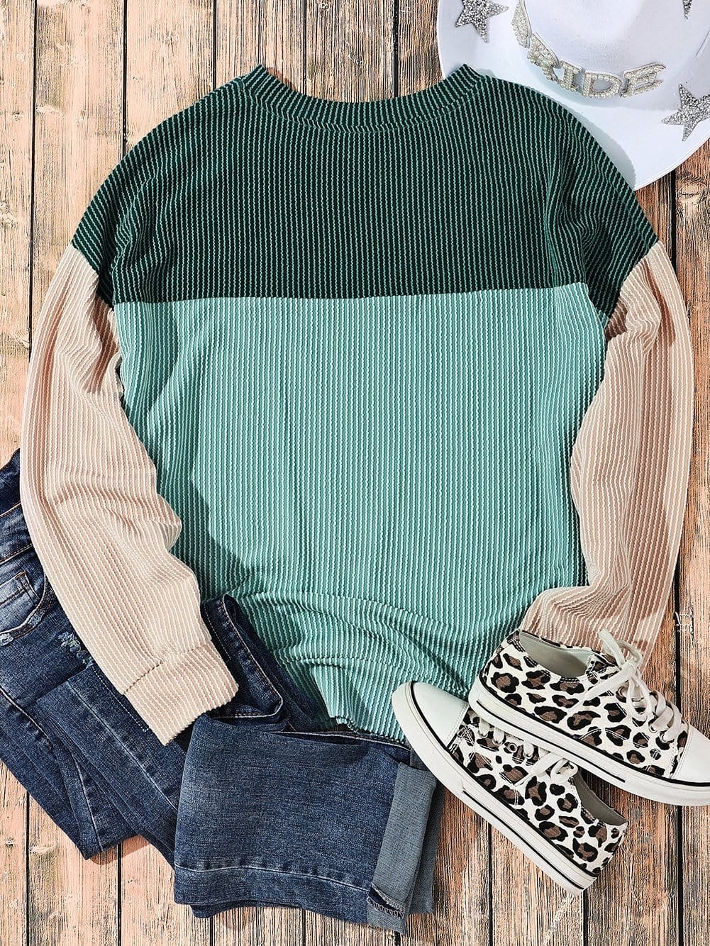 Green Color Block Ribbed Long Sleeve Loose Top with Chic Style