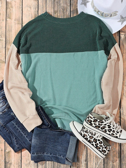 Green Color Block Ribbed Long Sleeve Loose Top with Chic Style