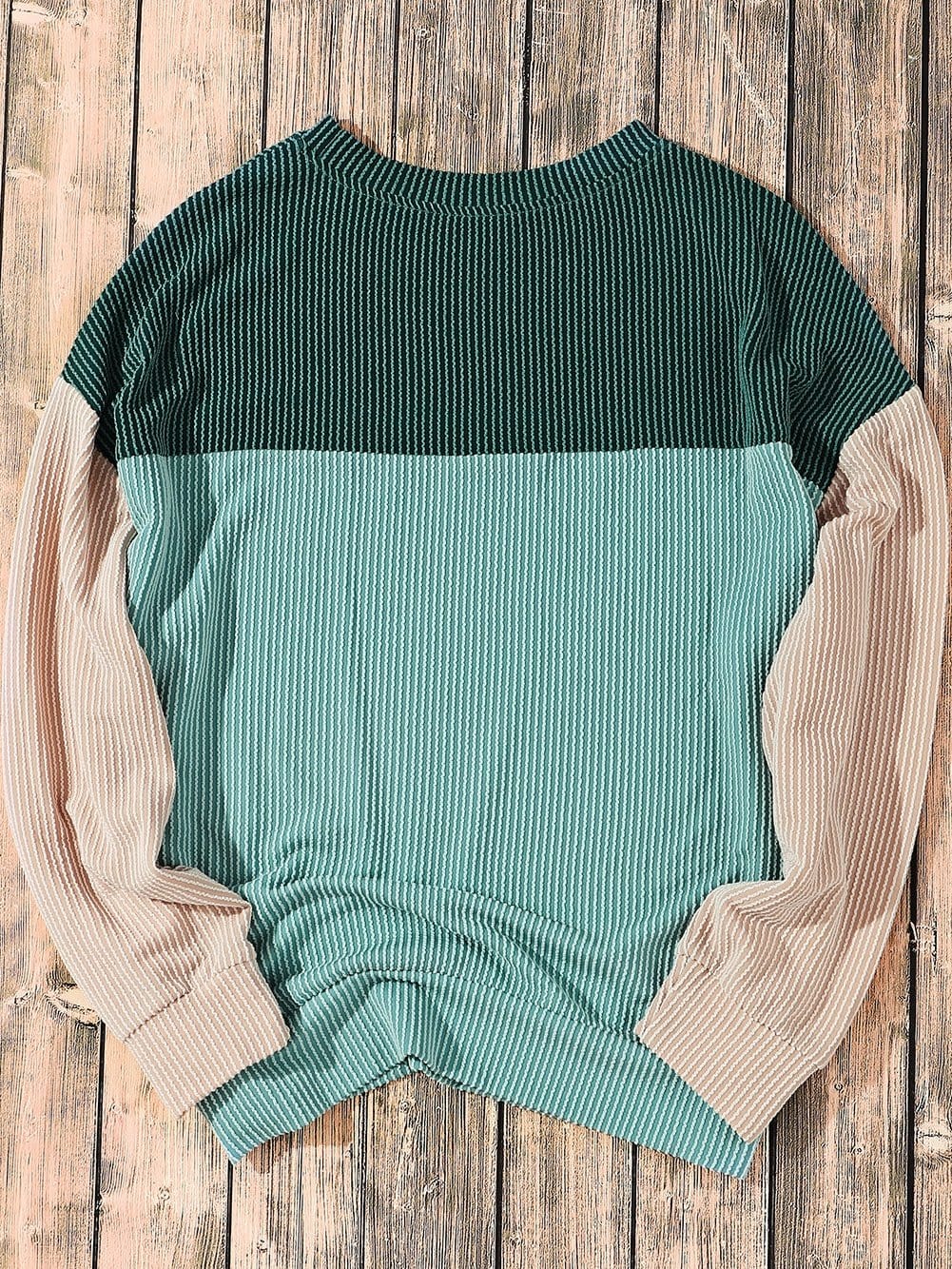 Green Color Block Ribbed Long Sleeve Loose Top with Chic Style