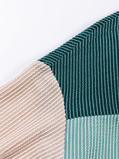 Green Color Block Ribbed Long Sleeve Loose Top with Chic Style