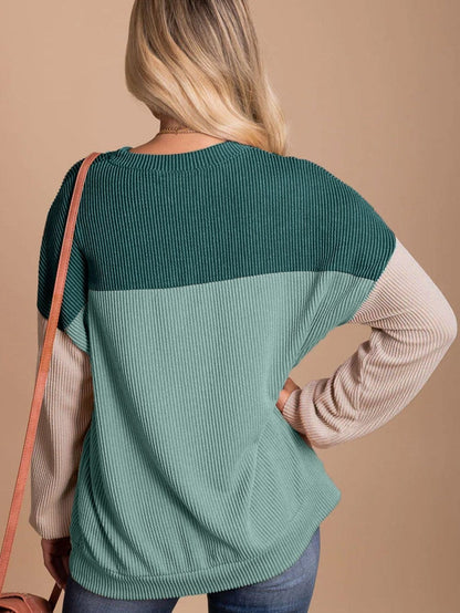 Green Color Block Ribbed Long Sleeve Loose Top with Chic Style