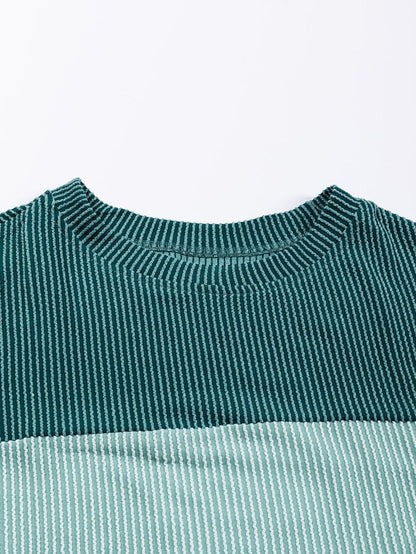 Green Color Block Ribbed Long Sleeve Loose Top with Chic Style