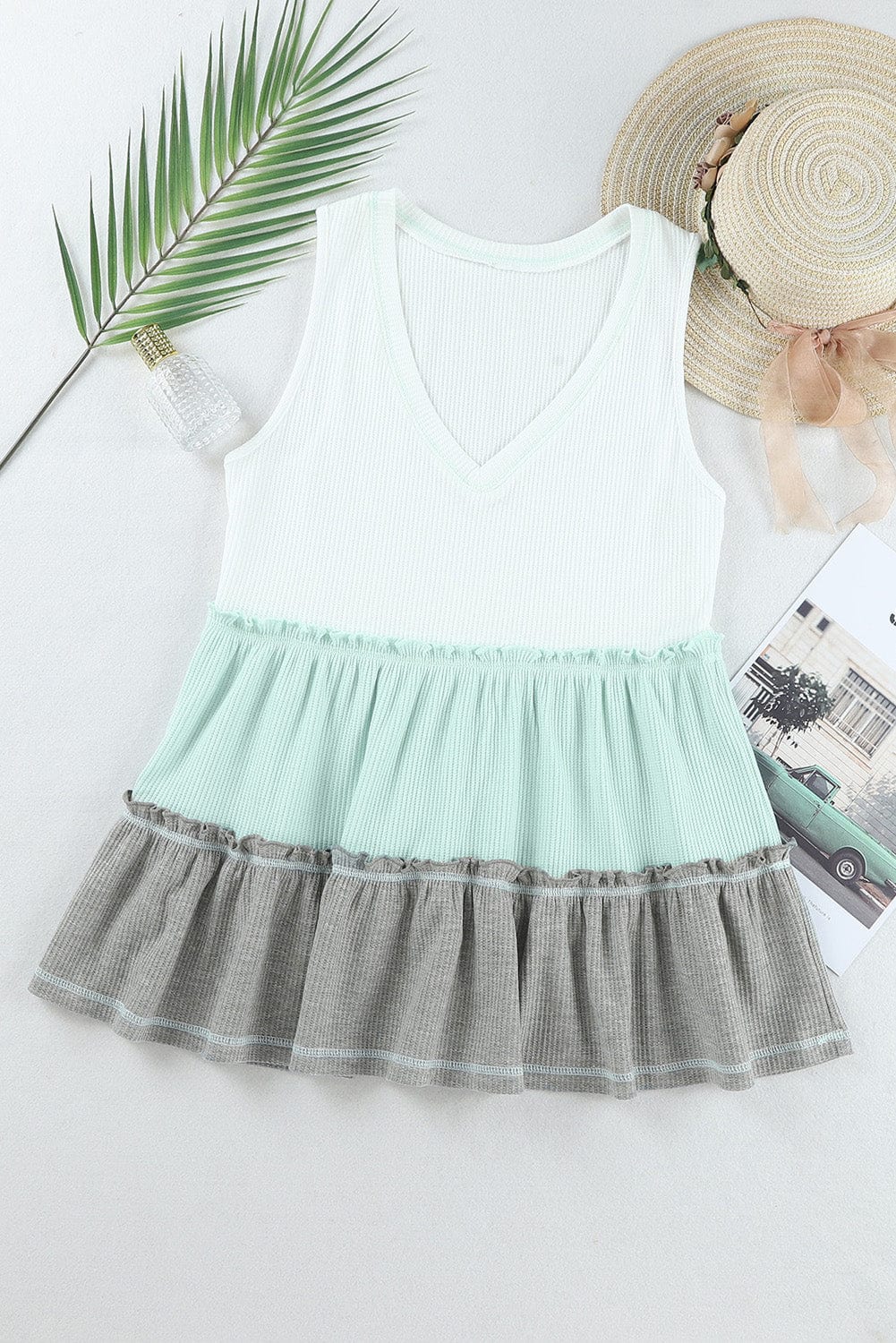 Green Color Block Ruffle Trim V Neck Tank Top