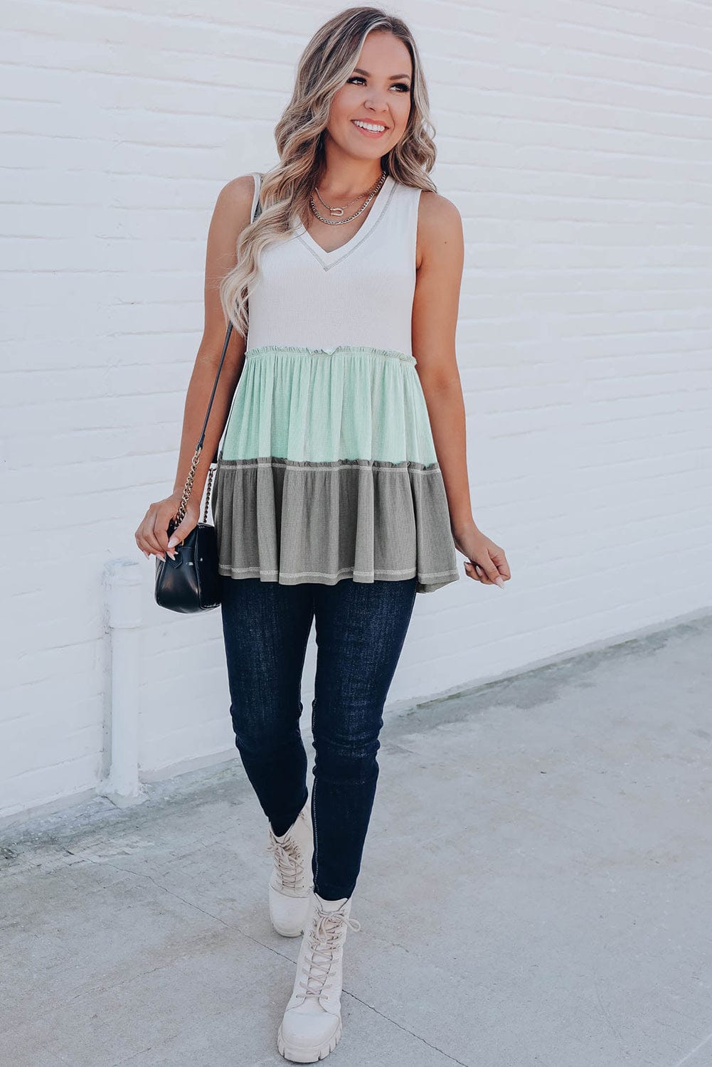Green Color Block Ruffle Trim V Neck Tank Top
