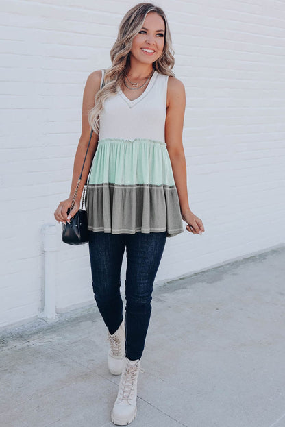 Green Color Block Ruffle Trim V Neck Tank Top