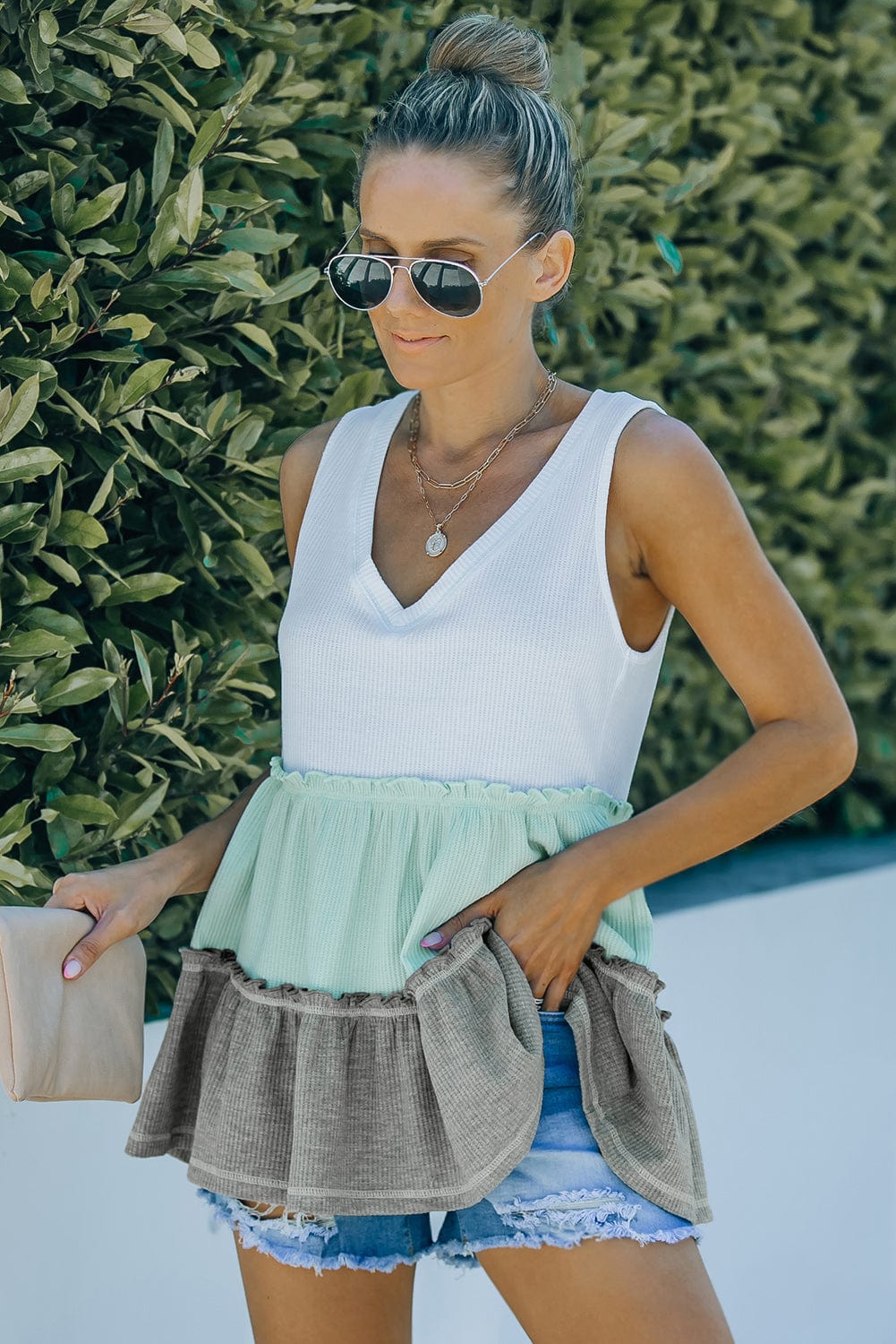 Green Color Block Ruffle Trim V Neck Tank Top