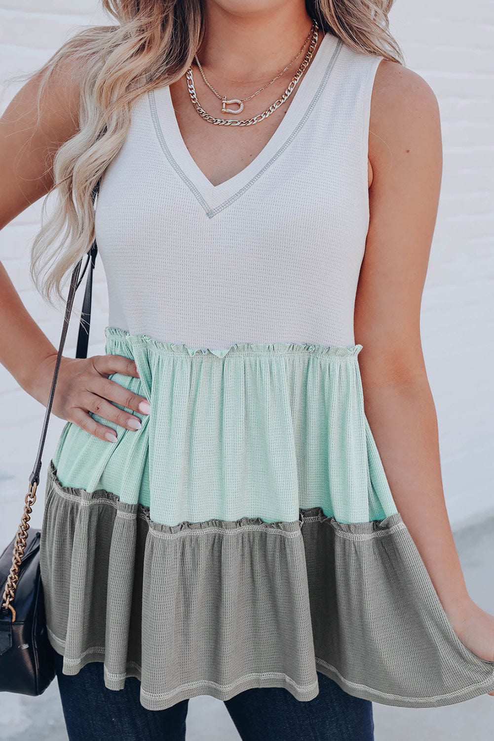 Green Color Block Ruffle Trim V Neck Tank Top