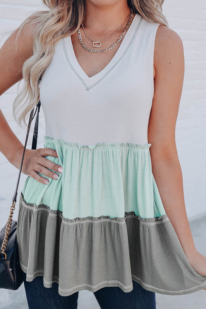 Green Color Block Ruffle Trim V Neck Tank Top