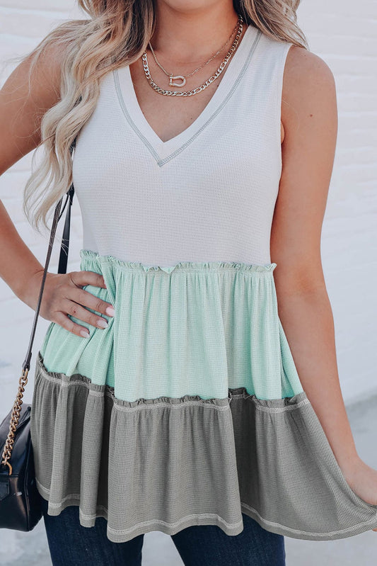 Green Color Block Ruffle Trim V Neck Tank Top