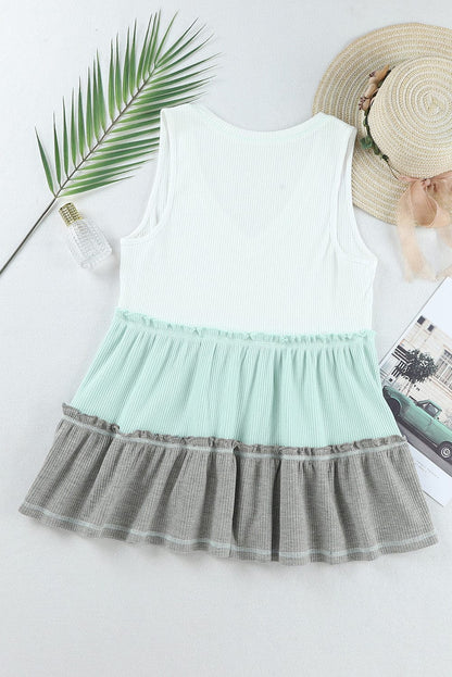Green Color Block Ruffle Trim V Neck Tank Top