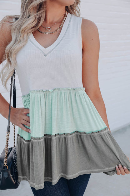 Green Color Block Ruffle Trim V Neck Tank Top