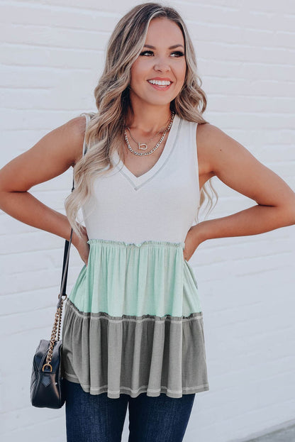 Green Color Block Ruffle Trim V Neck Tank Top