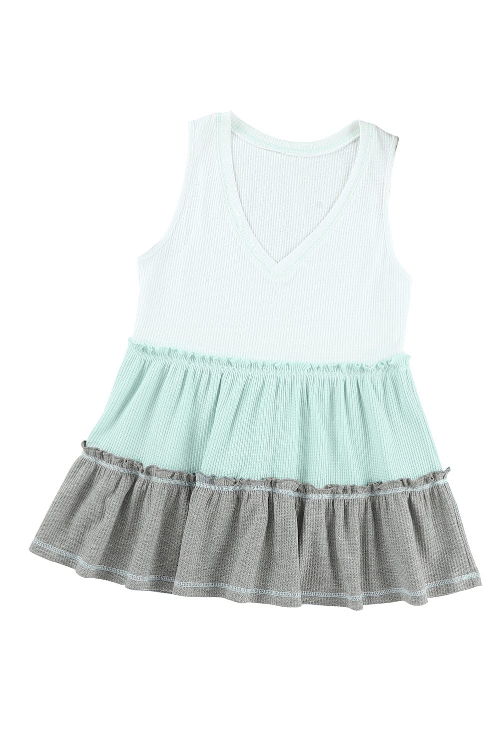 Green Color Block Ruffle Trim V Neck Tank Top