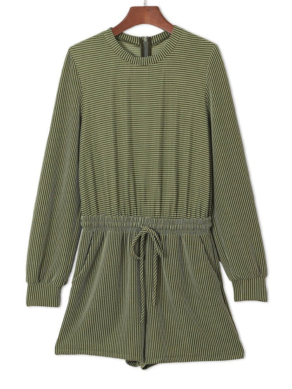 Green Corded Drawstring Romper with Long Sleeves