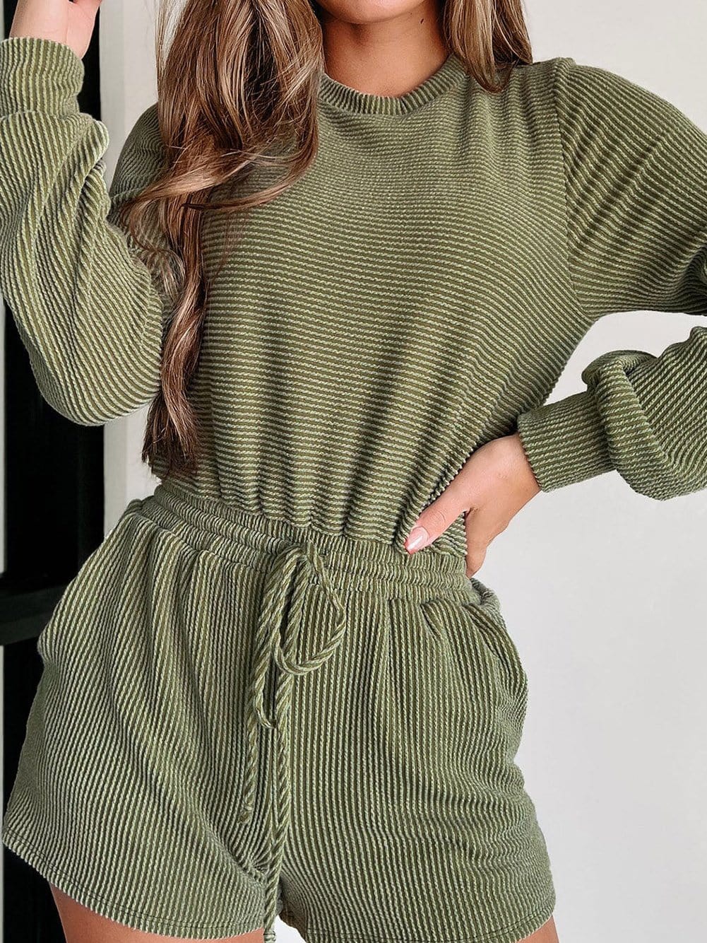 Green Corded Drawstring Romper with Long Sleeves