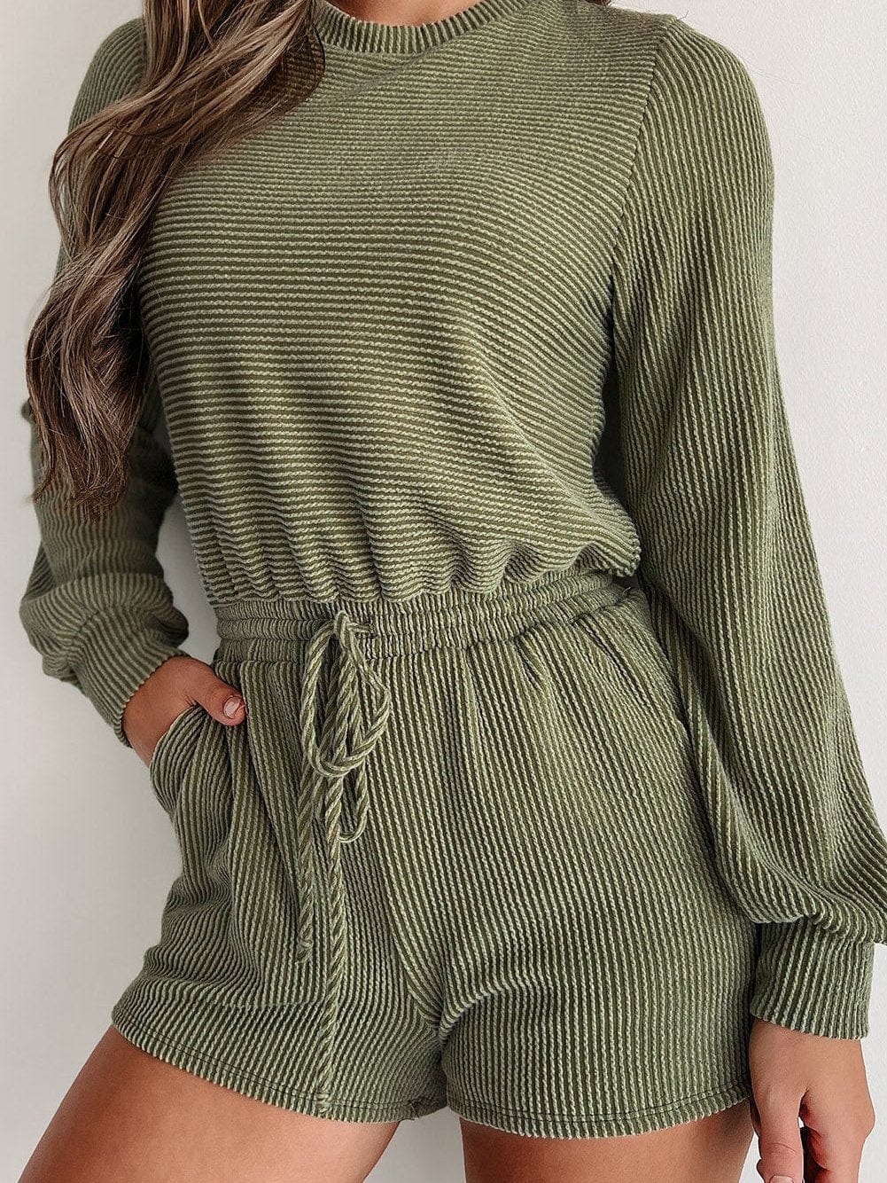 Green Corded Drawstring Romper with Long Sleeves
