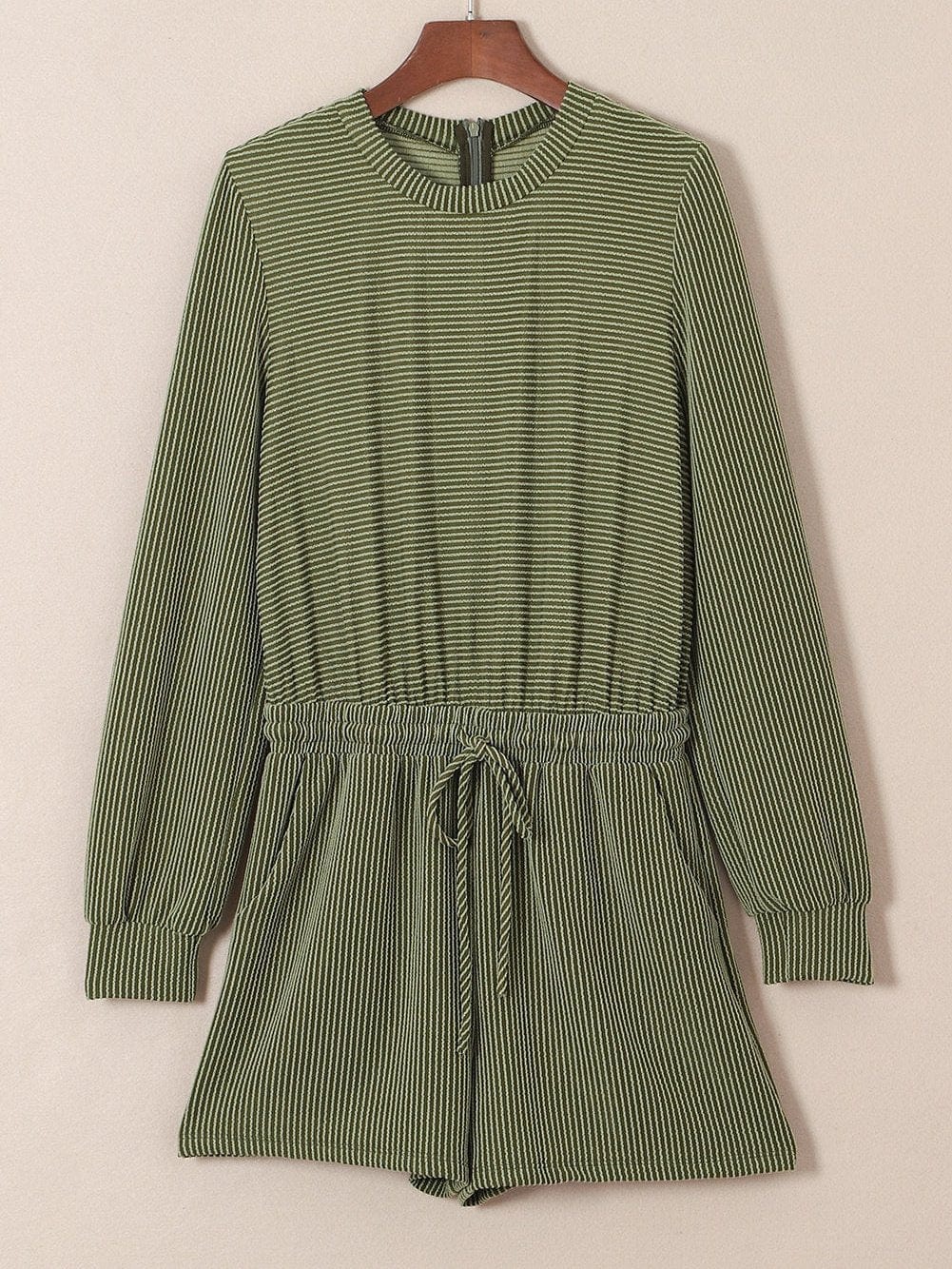 Green Corded Drawstring Romper with Long Sleeves