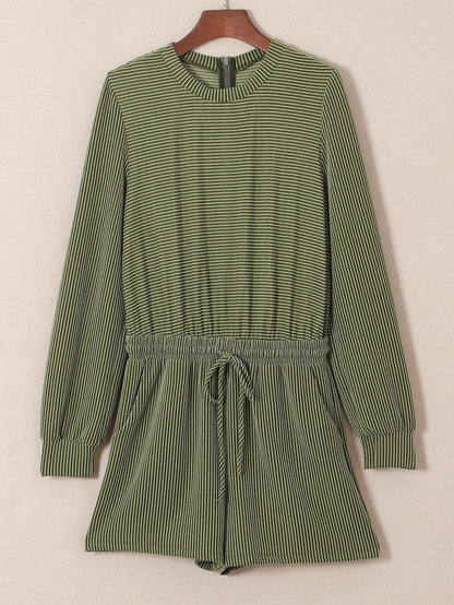 Green Corded Drawstring Romper with Long Sleeves