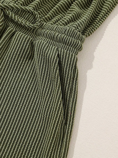 Green Corded Drawstring Romper with Long Sleeves