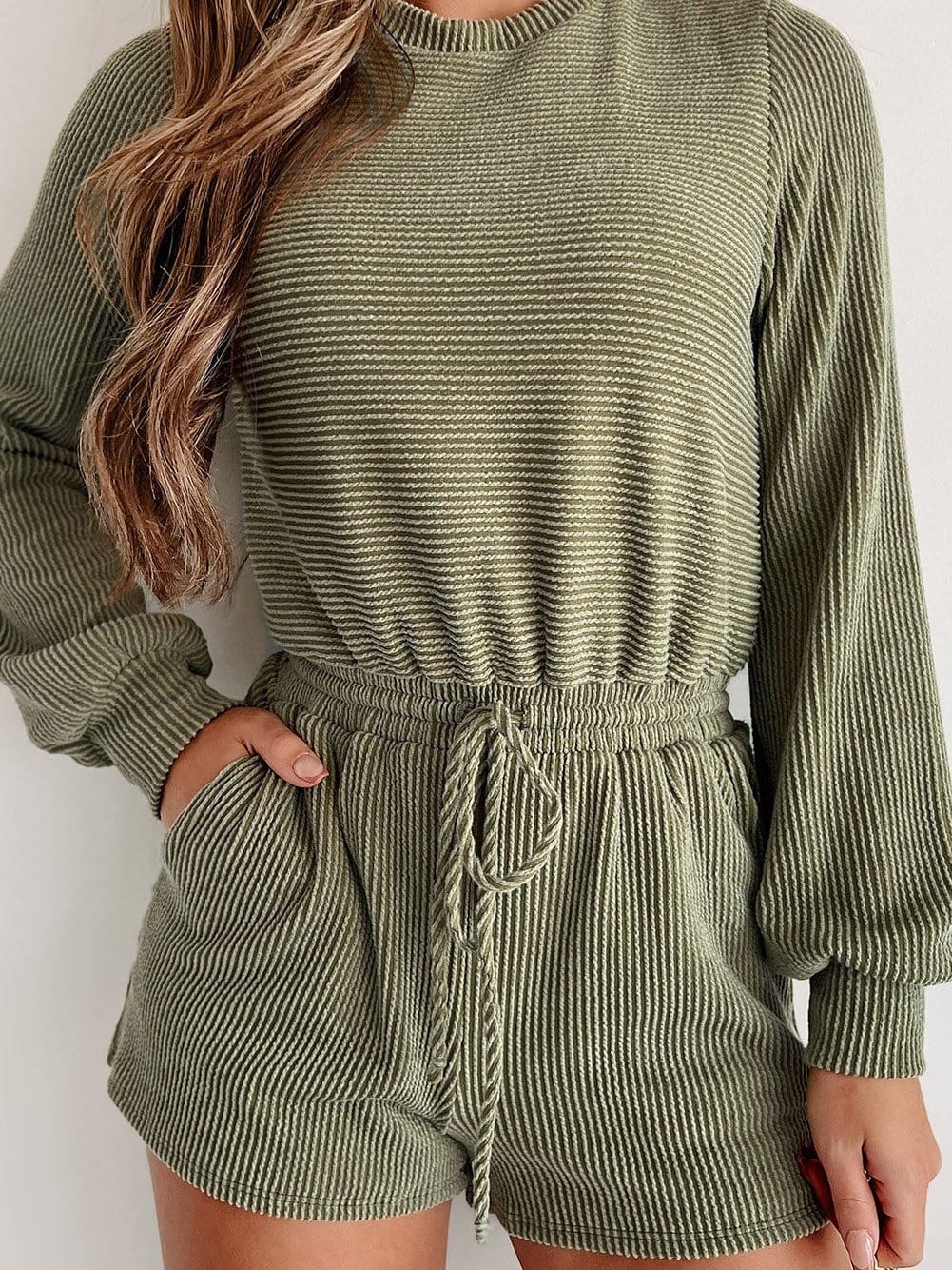 Green Corded Drawstring Romper with Long Sleeves