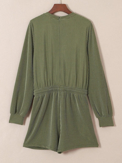Green Corded Drawstring Romper with Long Sleeves