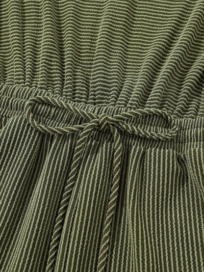 Green Corded Drawstring Romper with Long Sleeves