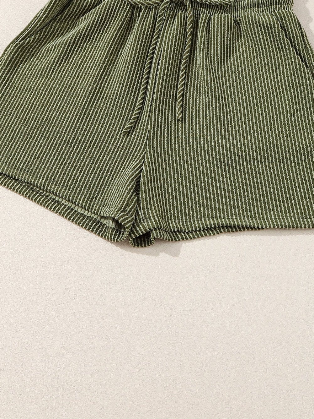 Green Corded Drawstring Romper with Long Sleeves