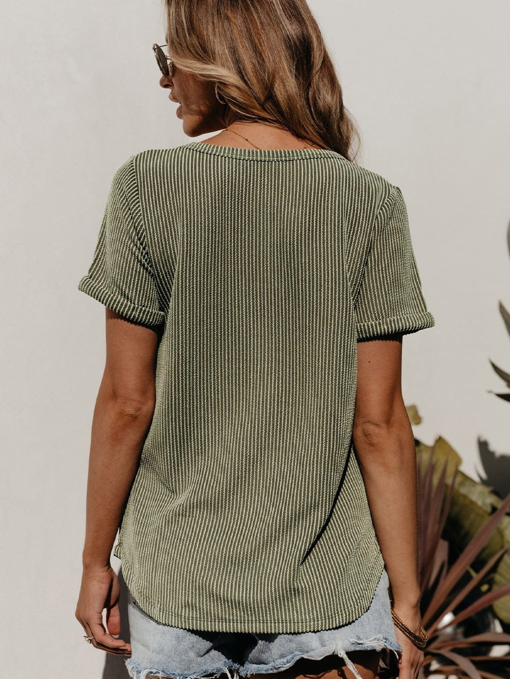 Green Corded Twist V Neck Short Sleeve Ribbed Top