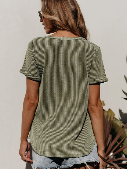 Green Corded Twist V Neck Short Sleeve Ribbed Top