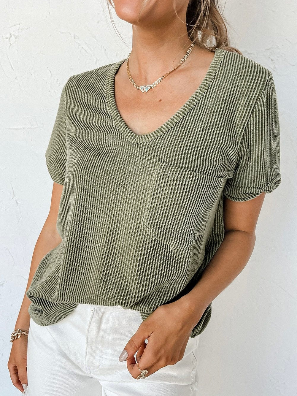 Green Corded Twist V Neck Short Sleeve Ribbed Top