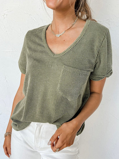 Green Corded Twist V Neck Short Sleeve Ribbed Top