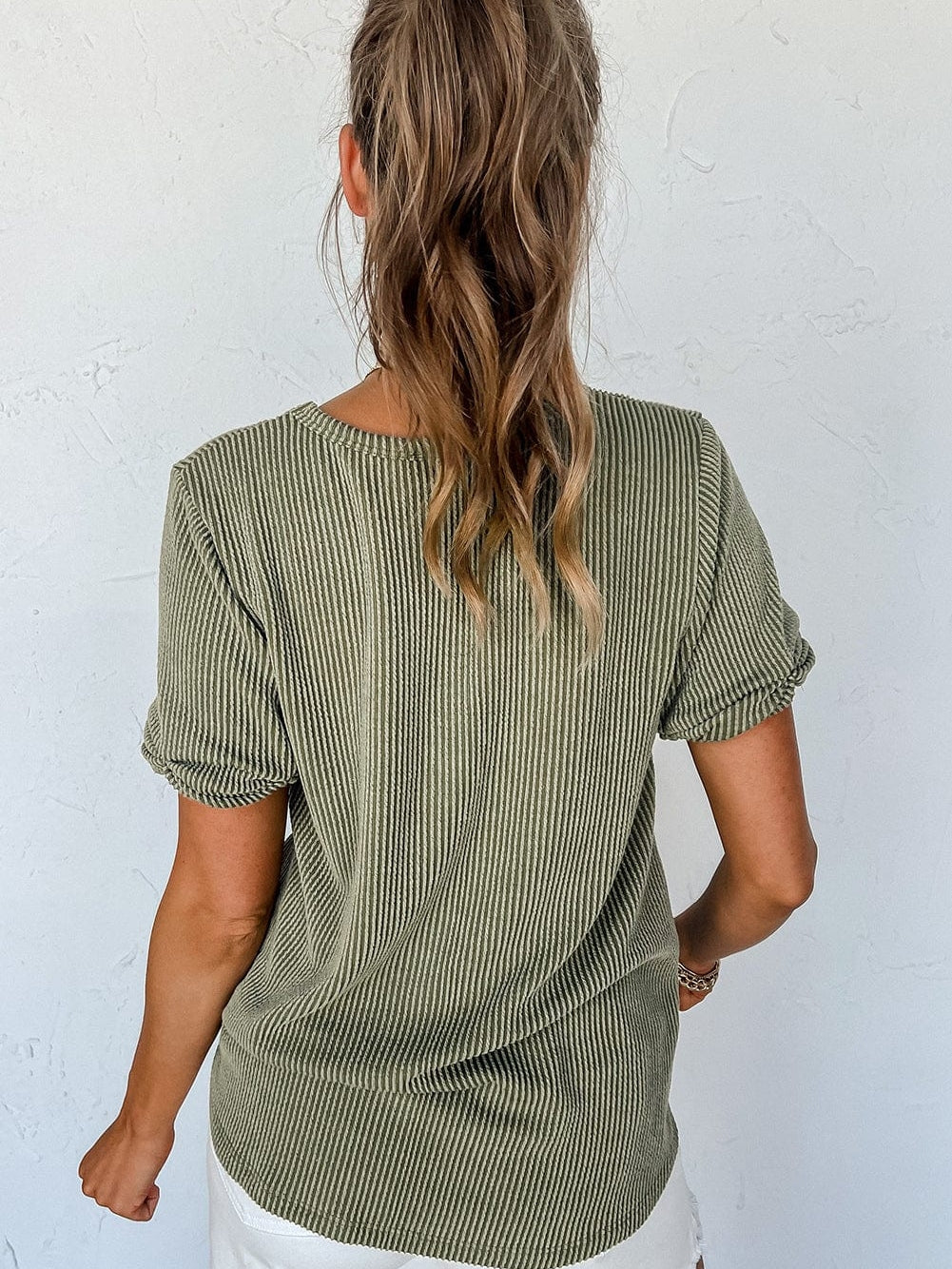 Green Corded Twist V Neck Short Sleeve Ribbed Top
