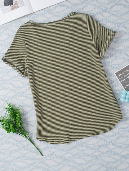 Green Corded Twist V Neck Short Sleeve Ribbed Top