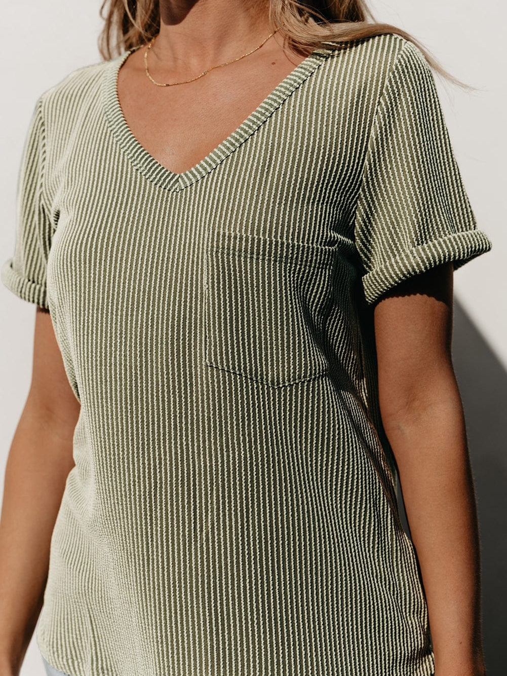 Green Corded Twist V Neck Short Sleeve Ribbed Top