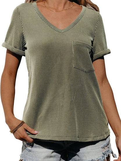 Green Corded Twist V Neck Short Sleeve Ribbed Top
