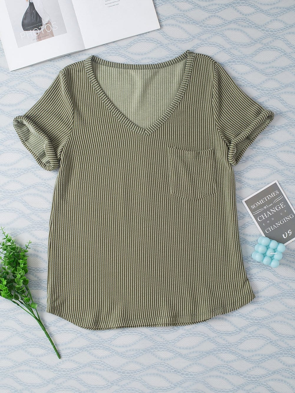Green Corded Twist V Neck Short Sleeve Ribbed Top