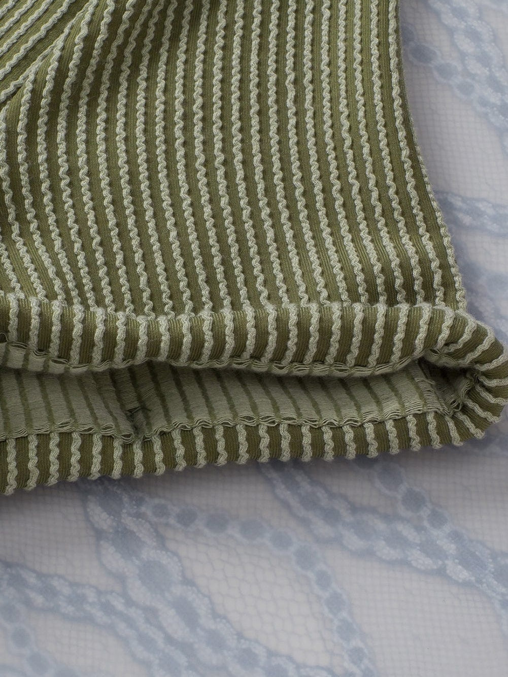 Green Corded Twist V Neck Short Sleeve Ribbed Top