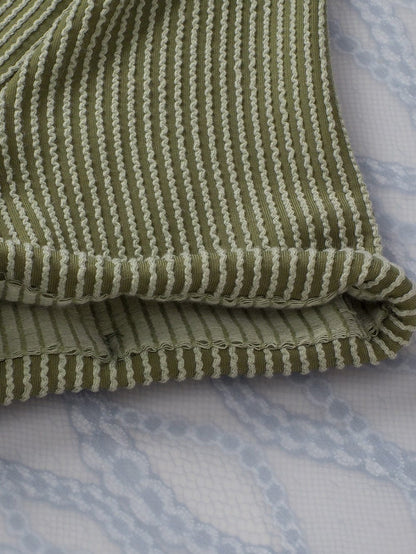 Green Corded Twist V Neck Short Sleeve Ribbed Top