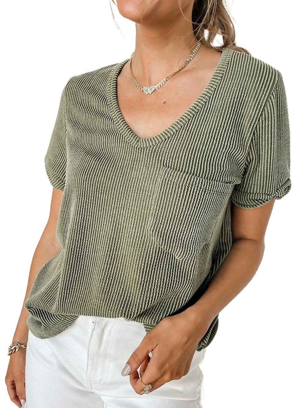 Green Corded Twist V Neck Short Sleeve Ribbed Top