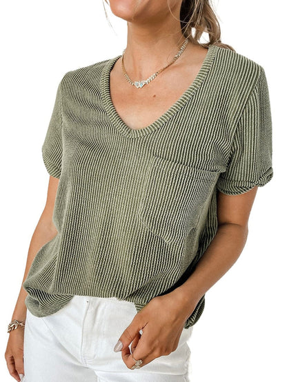 Green Corded Twist V Neck Short Sleeve Ribbed Top
