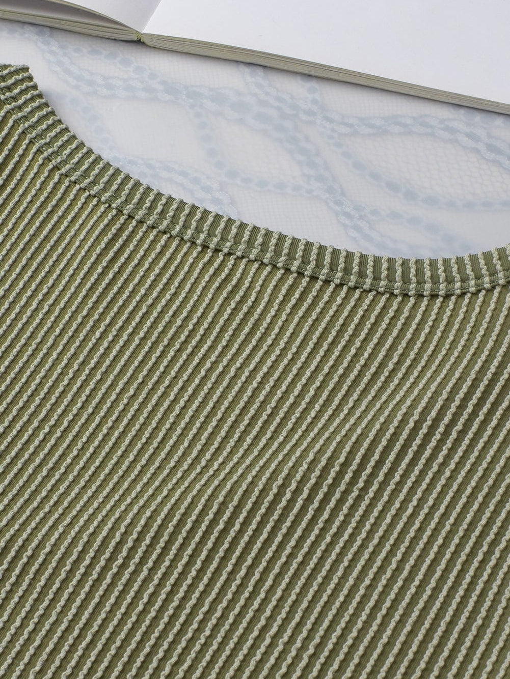 Green Corded Twist V Neck Short Sleeve Ribbed Top