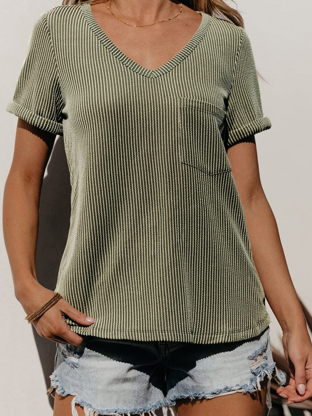 Green Corded Twist V Neck Short Sleeve Ribbed Top